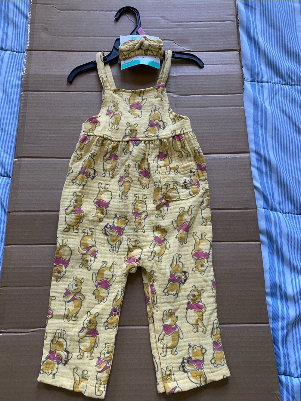 Disney Yellow Winnie the Pooh Print Overalls with Pink Accents